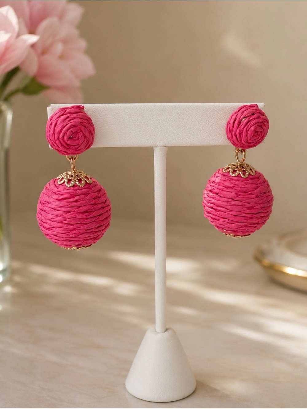 Bright Pink Raffia Ball Drop Earrings with Gold Accents